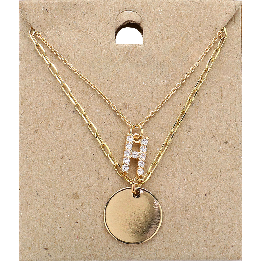 Madeline Love Gold -H- Rhinestone Initial Initial Monogram Metal Disc Pendant Double Layered Necklace - Necklaces