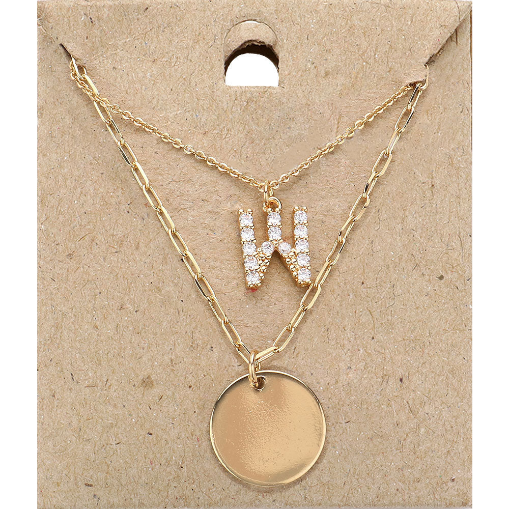 Madeline Love Gold -W- Rhinestone Initial Monogram Metal Disc Pendant Double Layered Necklace - Necklaces