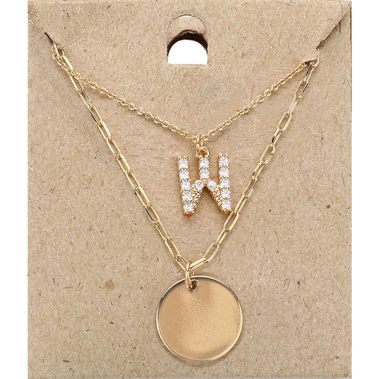 Madeline Love Gold -W- Rhinestone Initial Monogram Metal Disc Pendant Double Layered Necklace - Necklaces
