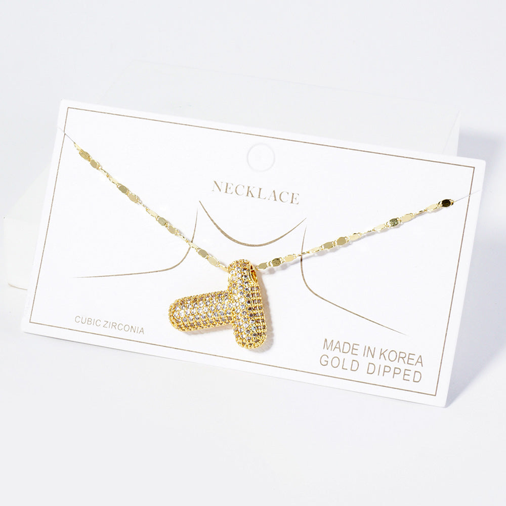 Madeline Love Gold -T- Gold Dipped CZ Stone Paved Initial Monogram Pendant Necklace - Necklaces