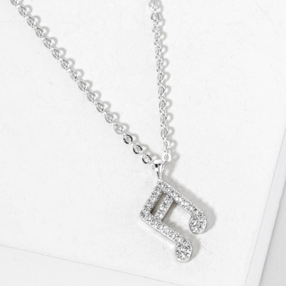 Madeline Love Clear, Rhodium White Gold Dipped CZ Stone Paved Music Note Pendant Necklace - Jewelry