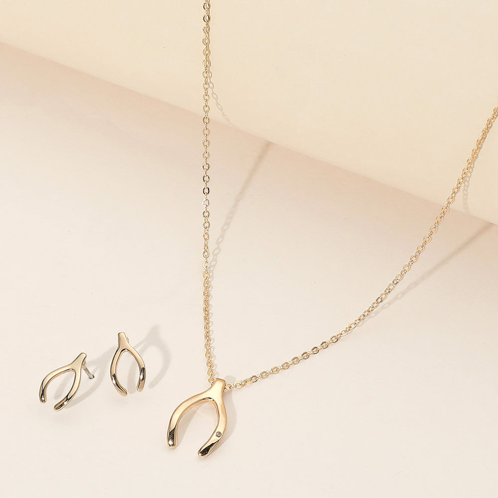 Madeline Love Gold Rhinestone Embellished Brass Metal Wishbone Pendant Necklace - Necklaces