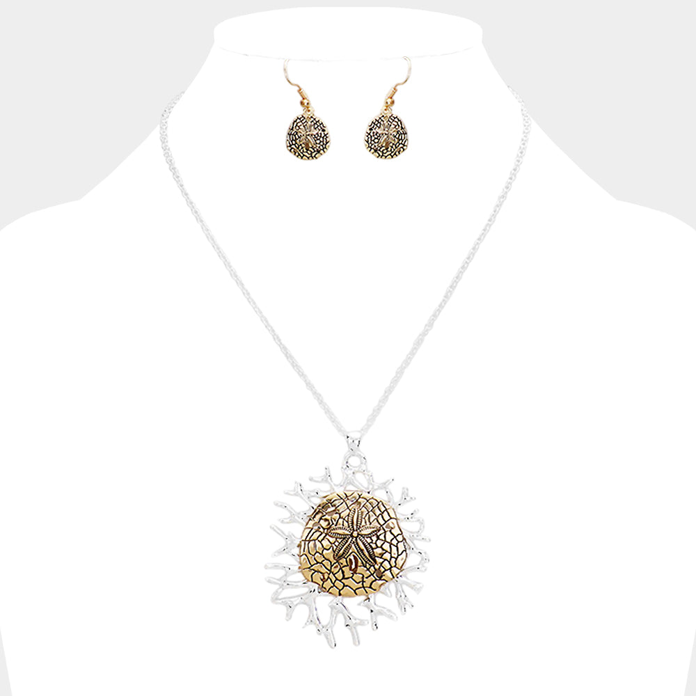 Madeline Love Antique Gold, Antique Silver Metal Sand Dollar Coral Pendant Necklace - Necklaces