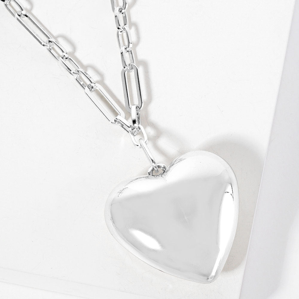 Madeline Love Rhodium Gold Dipped Bold Puffy Heart Pendant Paperclip Link Chain Necklace - Necklaces