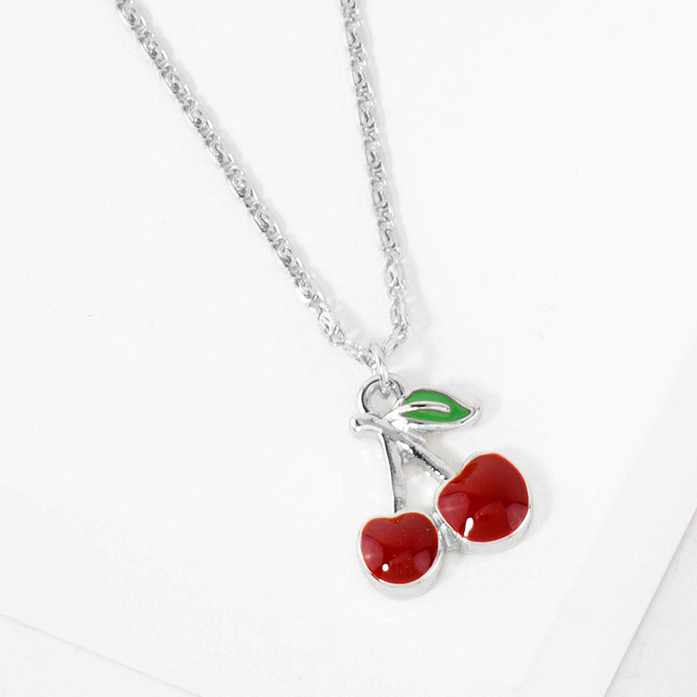 Madeline Love Rhodium White Gold Dipped Enamel Cherry Pendant Necklace - Jewelry