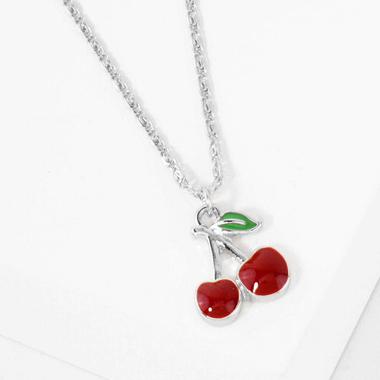 Madeline Love Rhodium White Gold Dipped Enamel Cherry Pendant Necklace - Jewelry