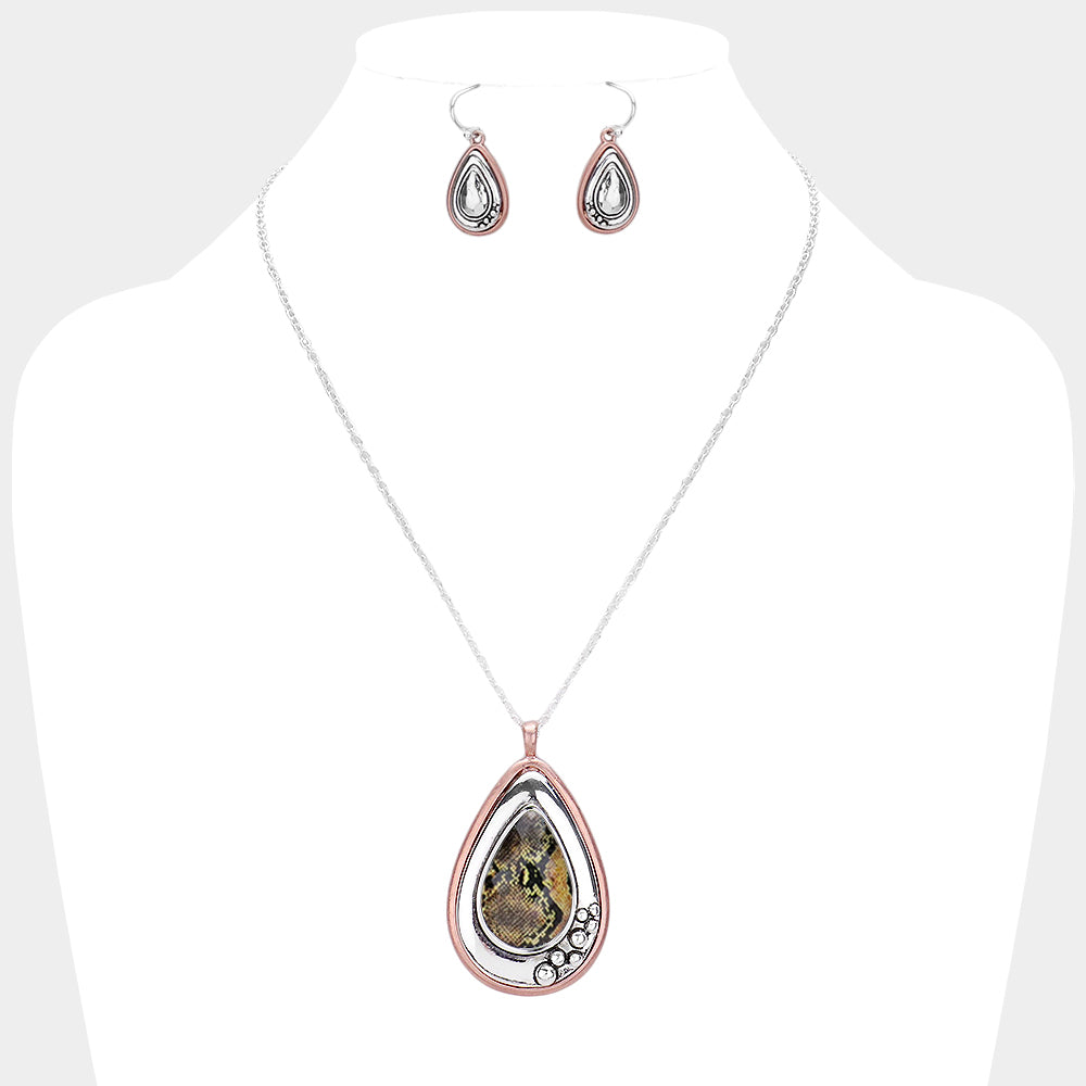 Madeline Love Brown, Copper Burnished, Snake, Worn Silver Snake Skin Print Centered Teardrop Metal Pendant Necklace - Jewelry