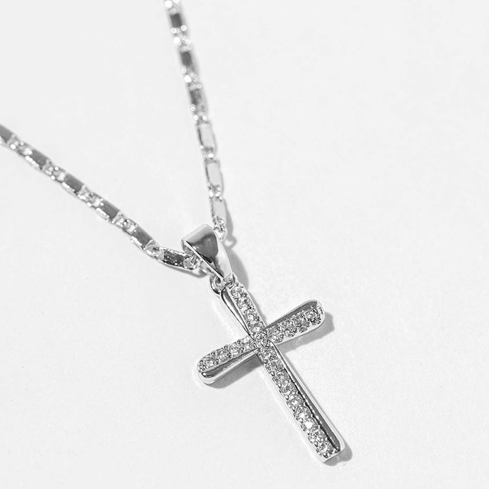 Madeline Love Clear, Rhodium White Gold Dipped CZ Paved Cross Pendant Necklace - Jewelry