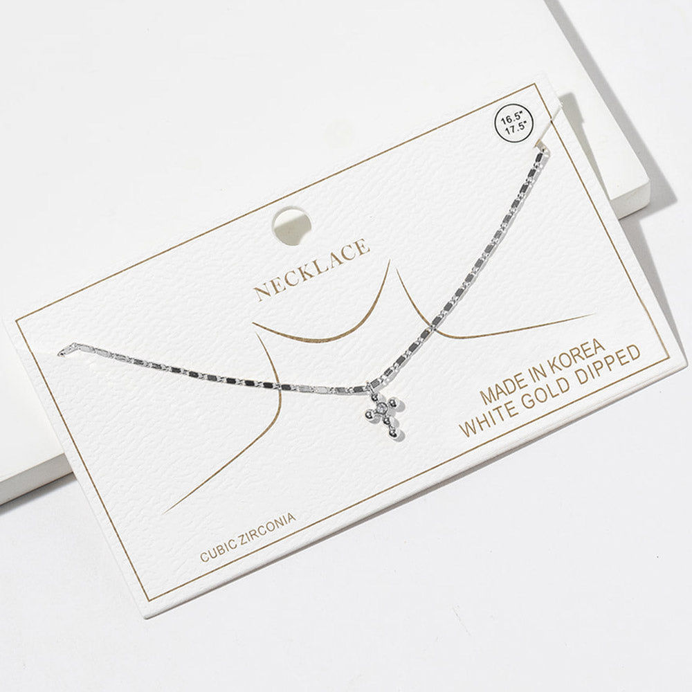 Madeline Love Clear, Rhodium White Gold Dipped CZ Stone Point Mini Cross Pendant Necklace - Jewelry