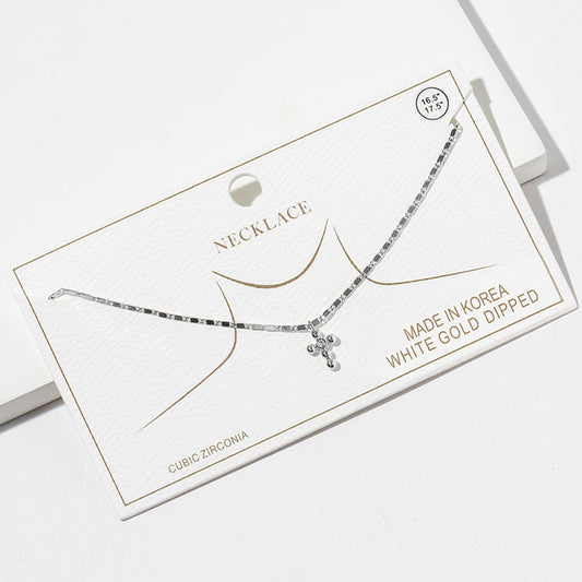 Madeline Love Clear, Rhodium White Gold Dipped CZ Stone Point Mini Cross Pendant Necklace - Jewelry
