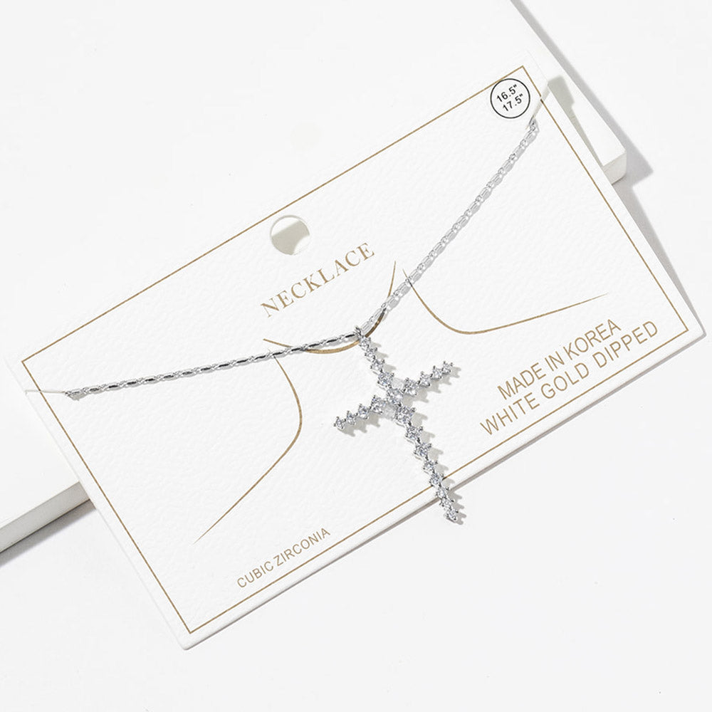 Madeline Love Clear, Rhodium White Gold Dipped CZ Cross Pendant Necklace - Jewelry