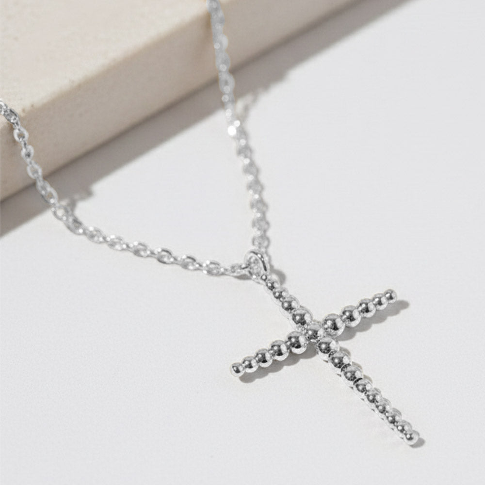 Madeline Love Rhodium White Gold Dipped Beaded Cross Pendant Necklace - Necklaces