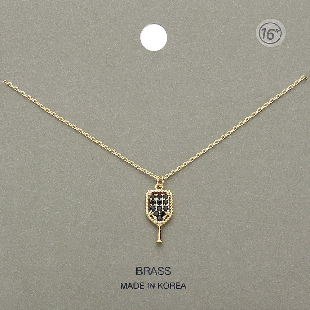 Madeline Love Black, Gold Stone Paved Brass Metal Pickleball Paddle Pendant Necklace - Jewelry