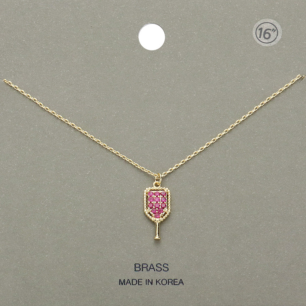 Madeline Love Fuchsia, Gold Stone Paved Brass Metal Pickleball Paddle Pendant Necklace - Jewelry