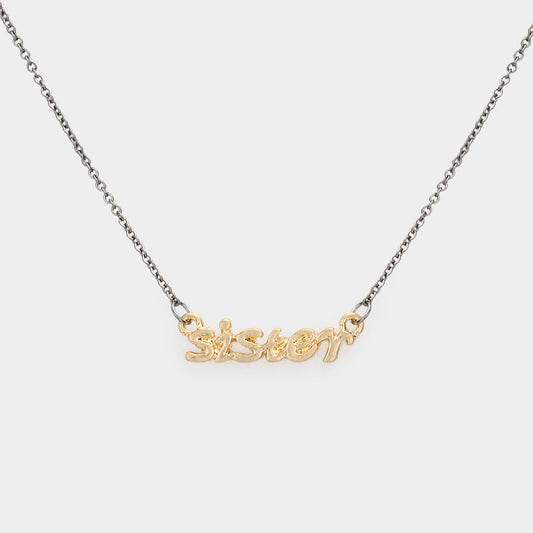 Madeline Love Gold, Hematite "Sister" Script Pendant Necklace - Necklaces