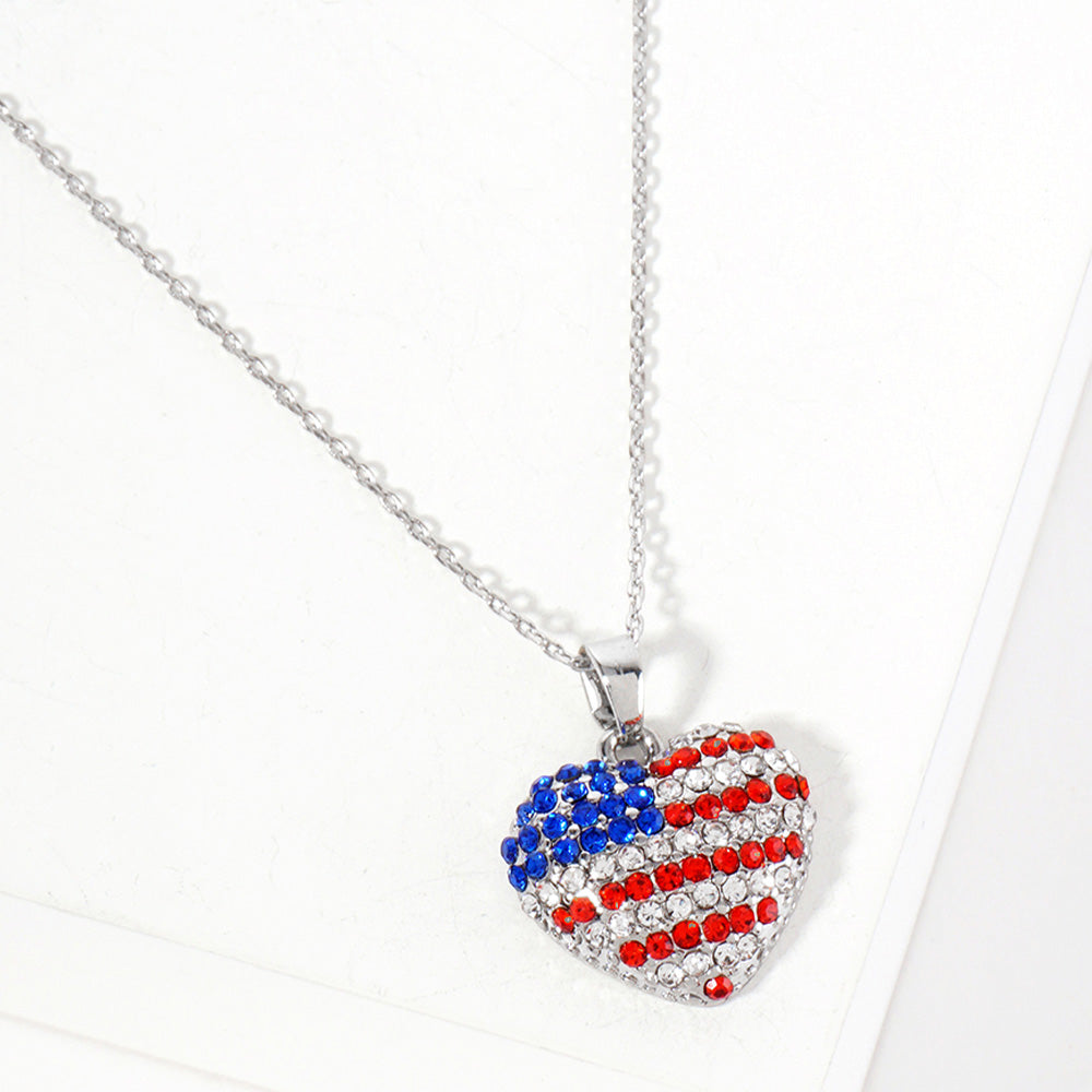 Madeline Love Clear, Rhodium Crystal Paved American USA Flag Heart Pendant Necklace - Jewelry