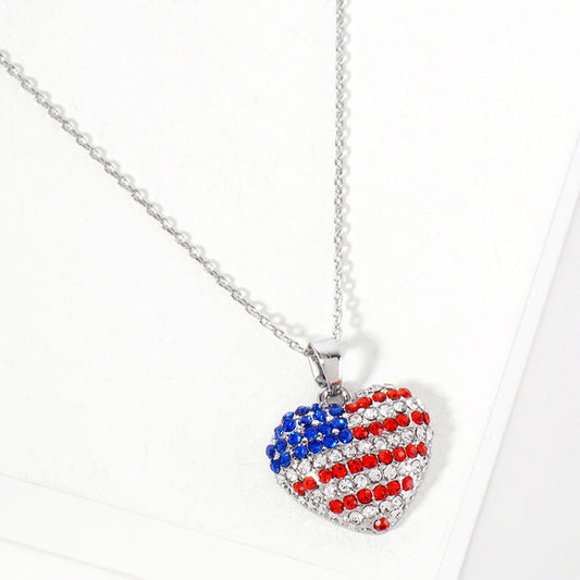 Madeline Love Clear, Rhodium Crystal Paved American USA Flag Heart Pendant Necklace - Jewelry