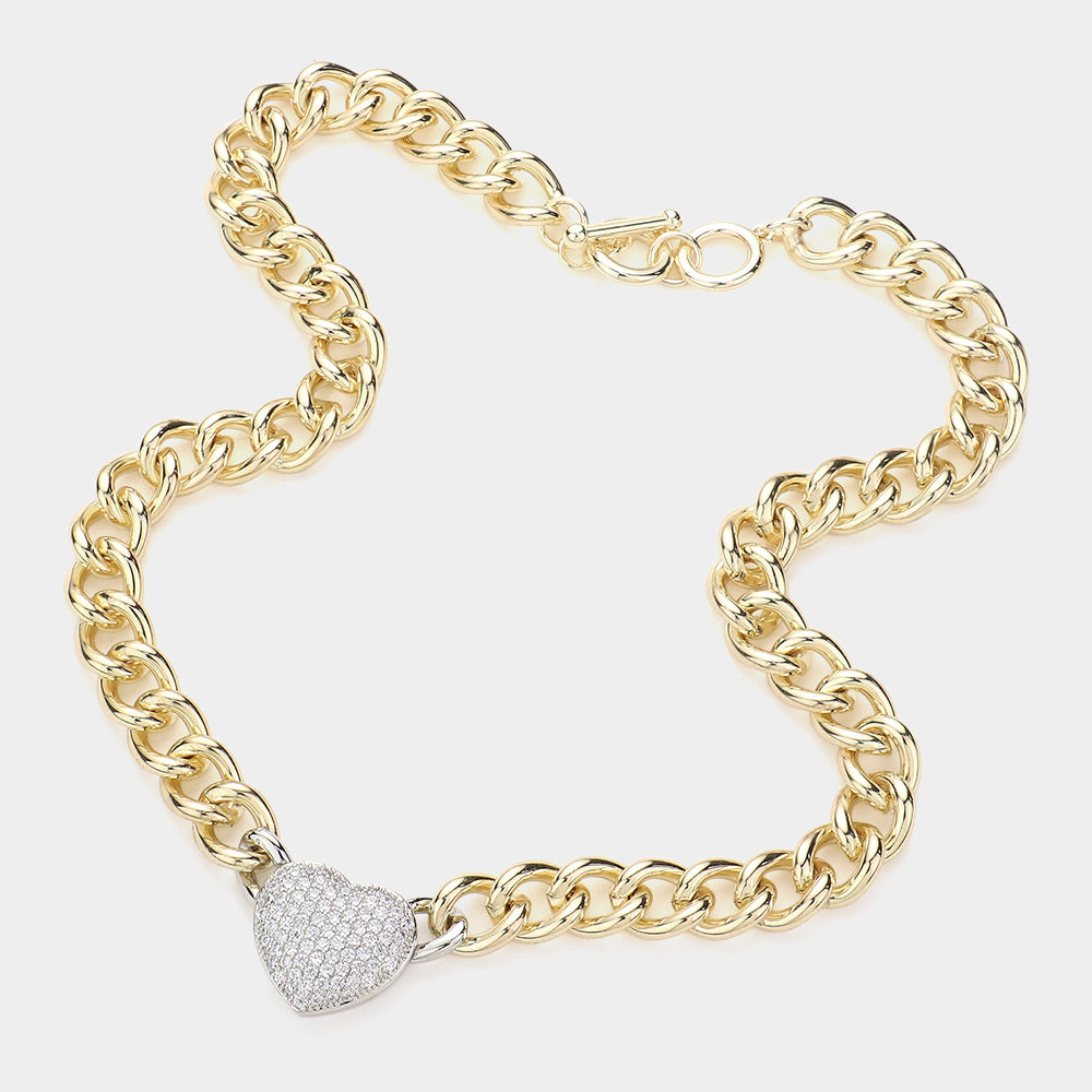 CZ Stone Paved Heart Pendant Toggle Necklace