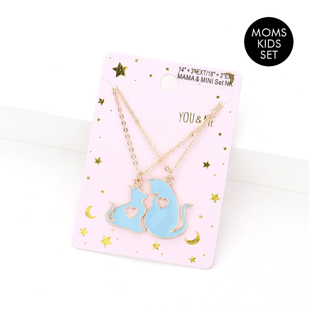 Madeline Love Light Blue 2PCS - Enamel Cats Pendant Moms and Kids Set Necklaces
