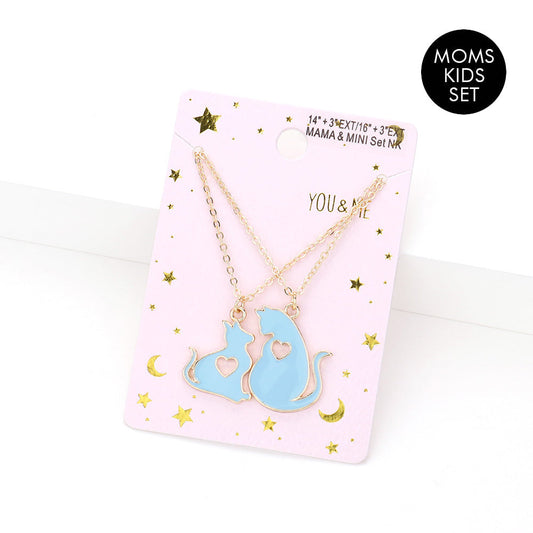 Madeline Love Light Blue 2PCS - Enamel Cats Pendant Moms and Kids Set Necklaces