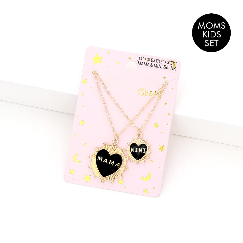 Madeline Love Jet Black 2PCS - MAMA MINI Enamel Heart Pendant Moms and Kids Set Necklaces