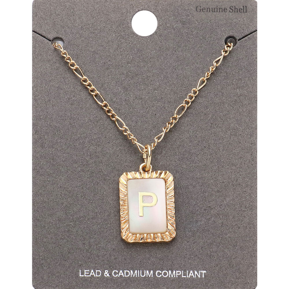 Madeline Love Gold -P- Initial Monogram Genuine Shell Rectangle Pendant Necklace - Necklaces