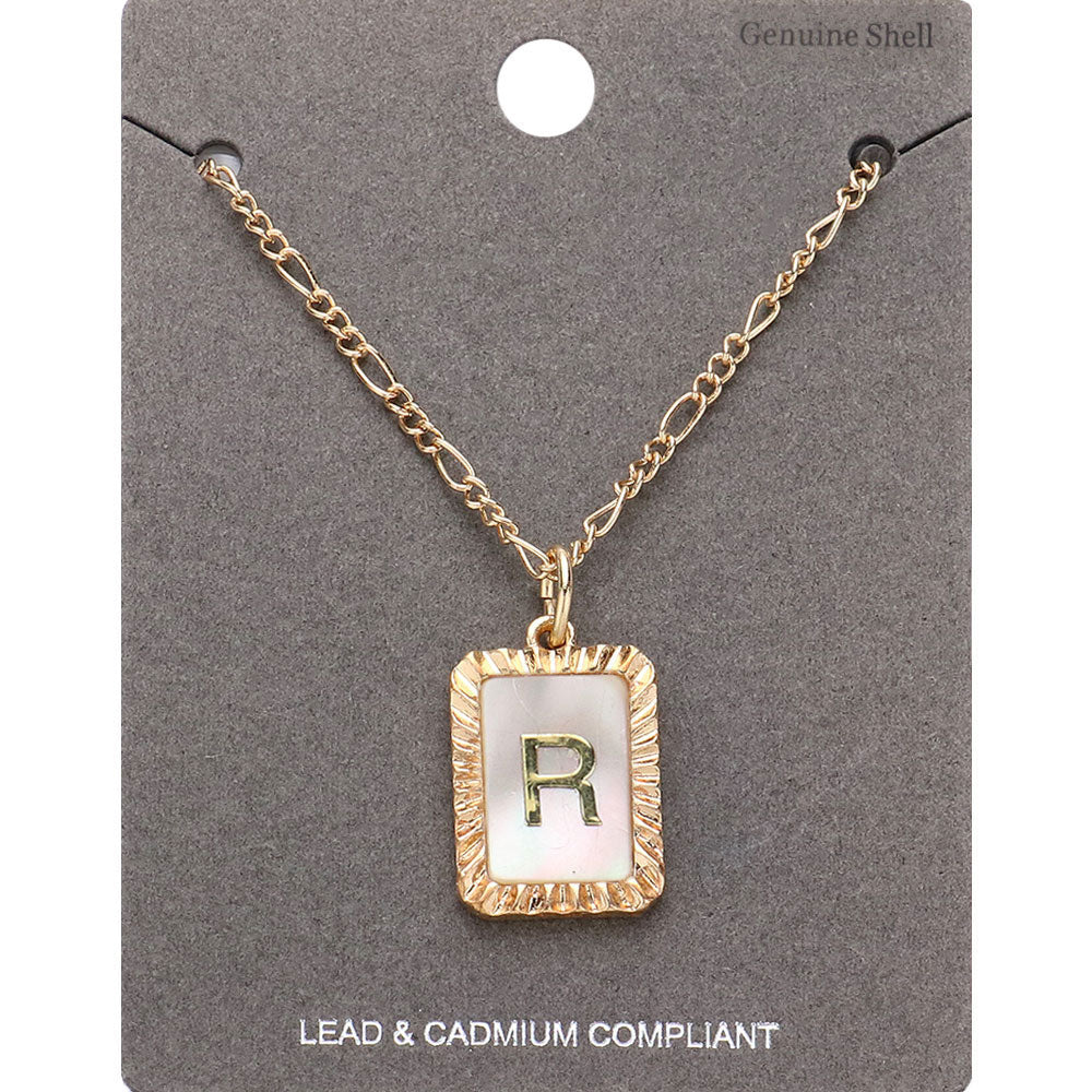 Madeline Love Gold -R- Initial Monogram Genuine Shell Rectangle Pendant Necklace - Necklaces