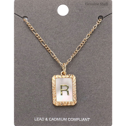 Madeline Love Gold -R- Initial Monogram Genuine Shell Rectangle Pendant Necklace - Necklaces