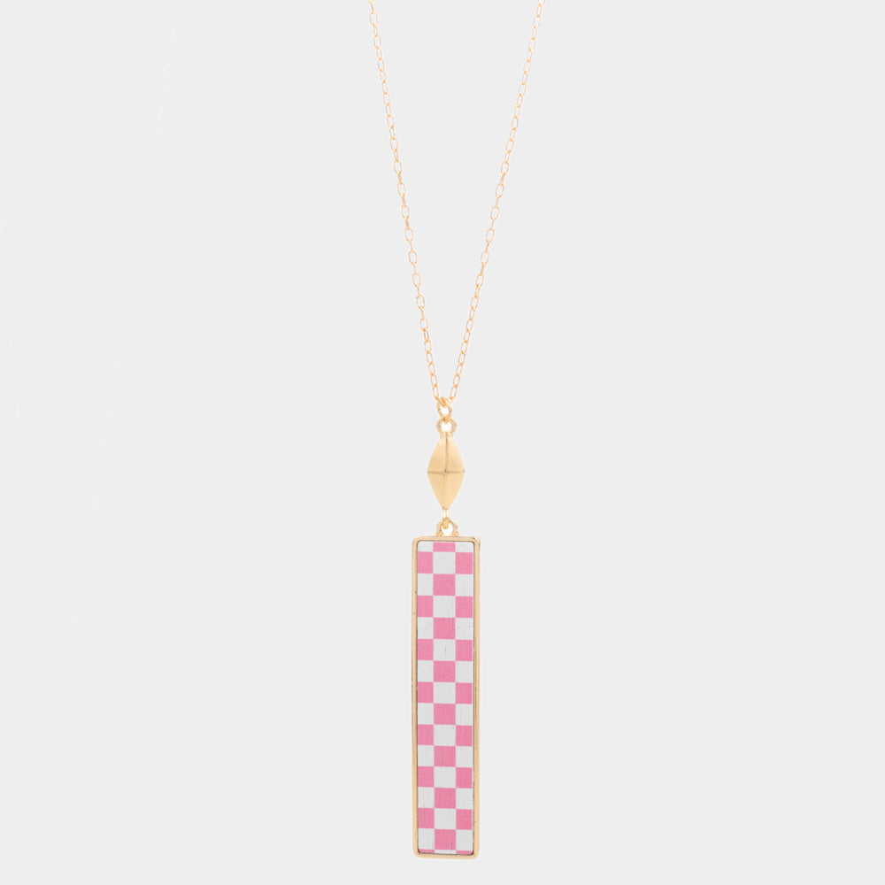 Madeline Love Pink Checkerboard Rectangle Pendant Long Necklace - Necklaces