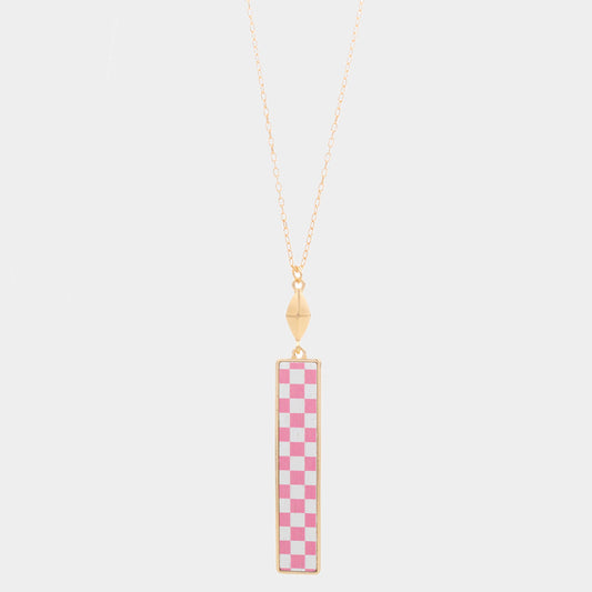 Madeline Love Pink Checkerboard Rectangle Pendant Long Necklace - Necklaces