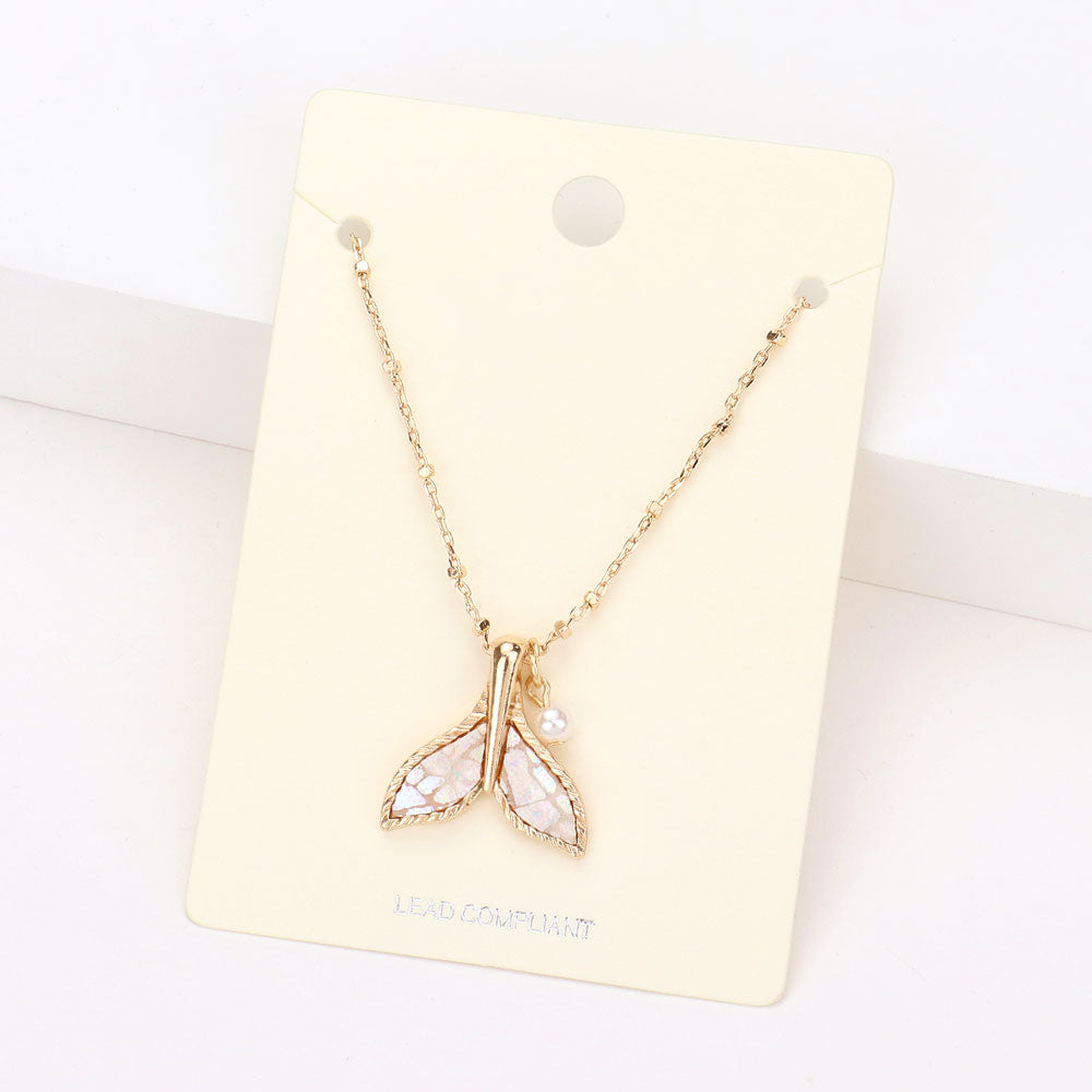 Gold, Ivory Patterned Whale Tail Pearl Pendant Necklace