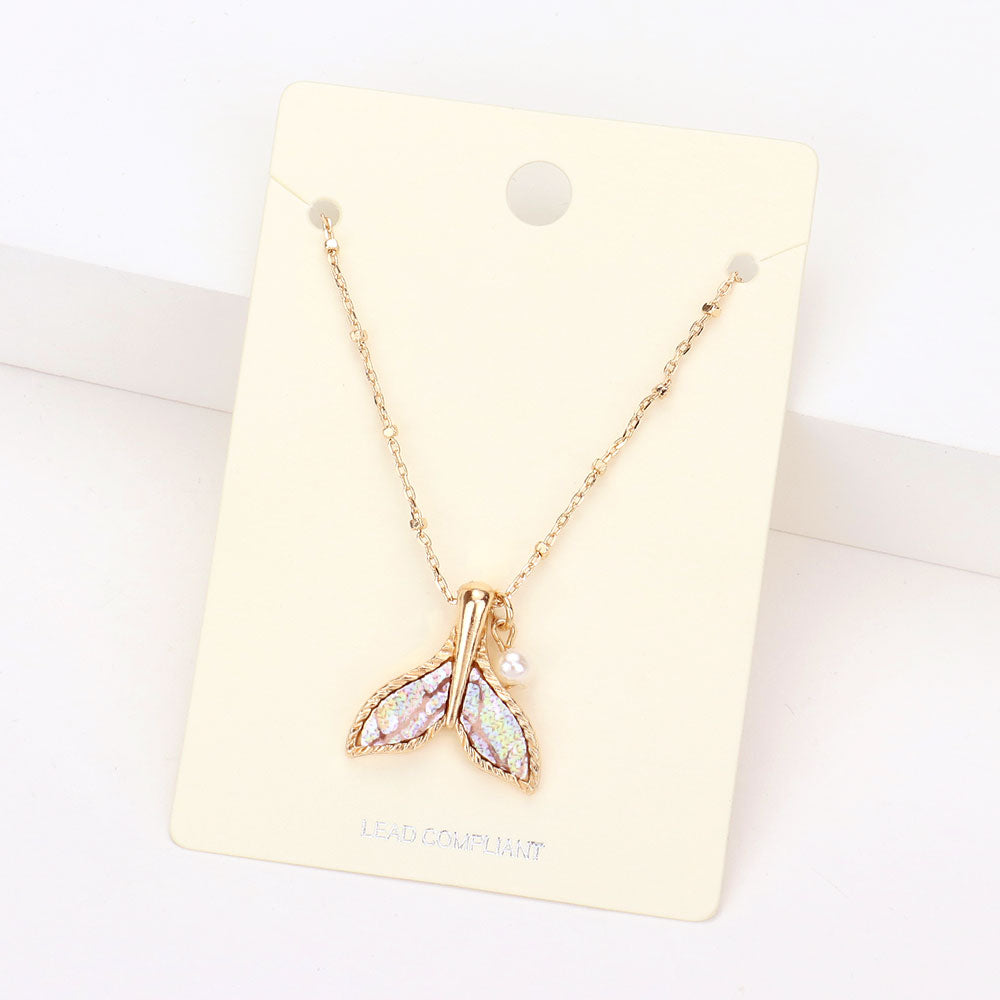 Gold, Pink Patterned Whale Tail Pearl Pendant Necklace