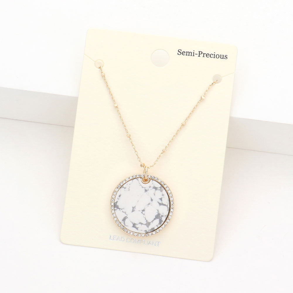 Madeline Love Howlite Rhinestone Trimmed Semi Precious Round Pendant Necklace - Necklaces