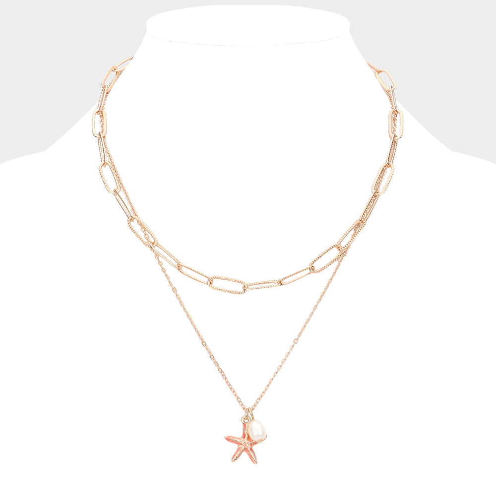 Madeline Love Coral Starfish Freshwater Pearl Pendant Double Layered Necklace - Necklaces