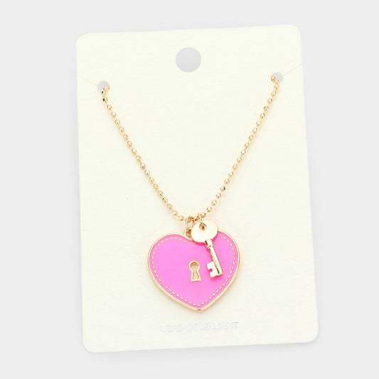 Madeline Love Pink Enamel Heart Lock Metal Key Pendant Necklace - Necklaces