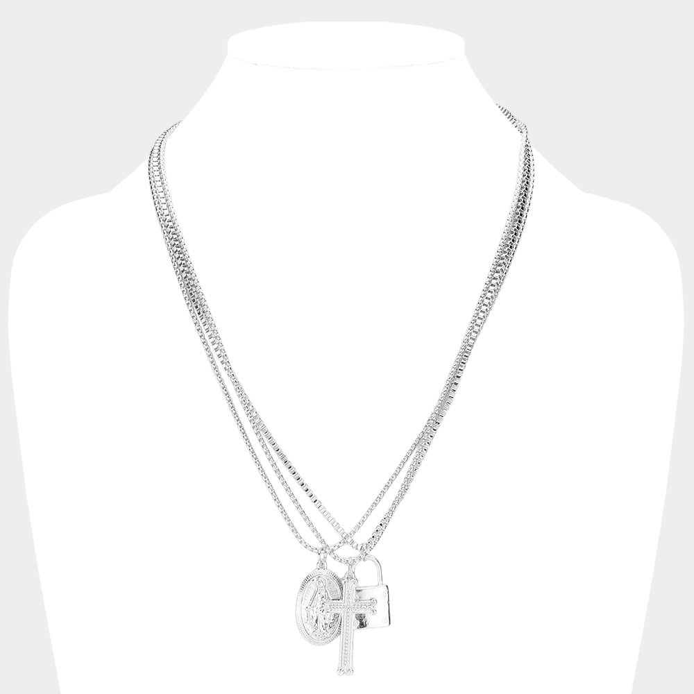 Madeline Love Rhodium 3PCS - Virgin Mary Cross Master Lock Pendant Metal Layered Necklace - Necklaces