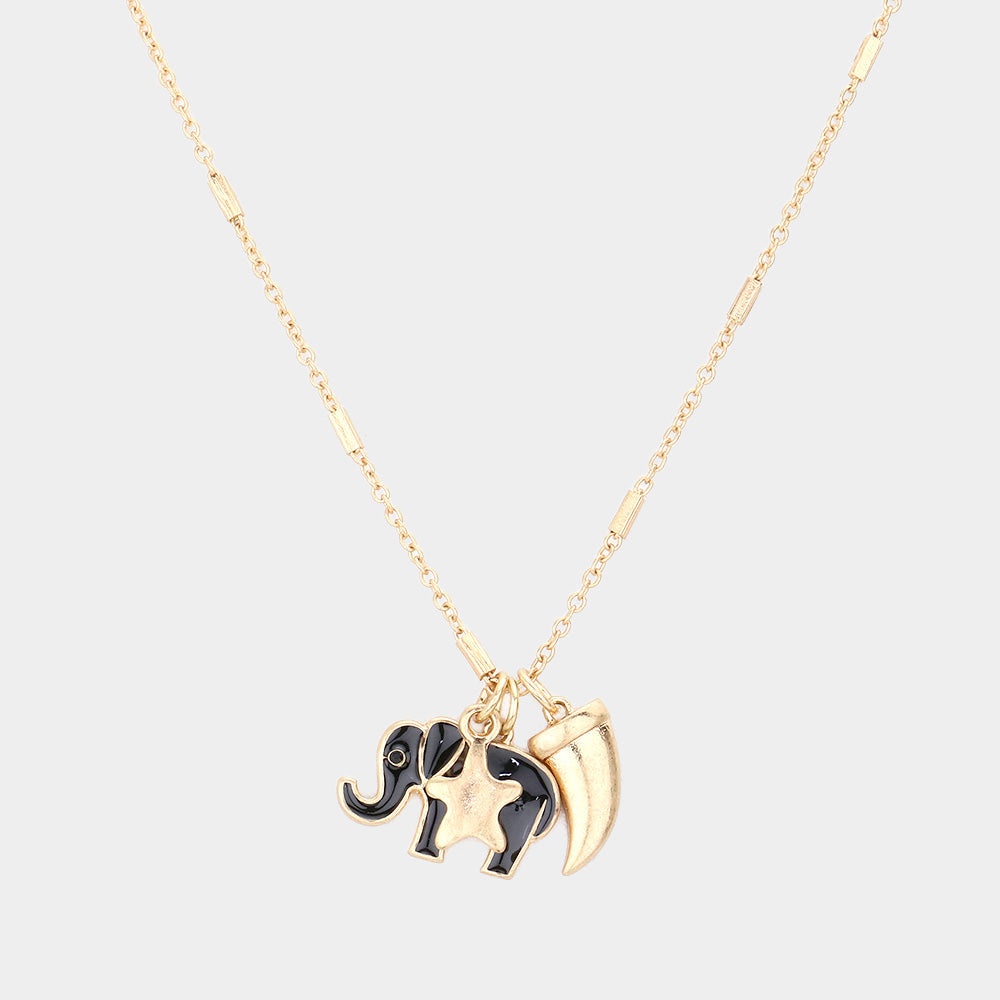 Madeline Love Worn Gold Enamel Elephant Metal Horn Star Pendant Necklace - Necklaces