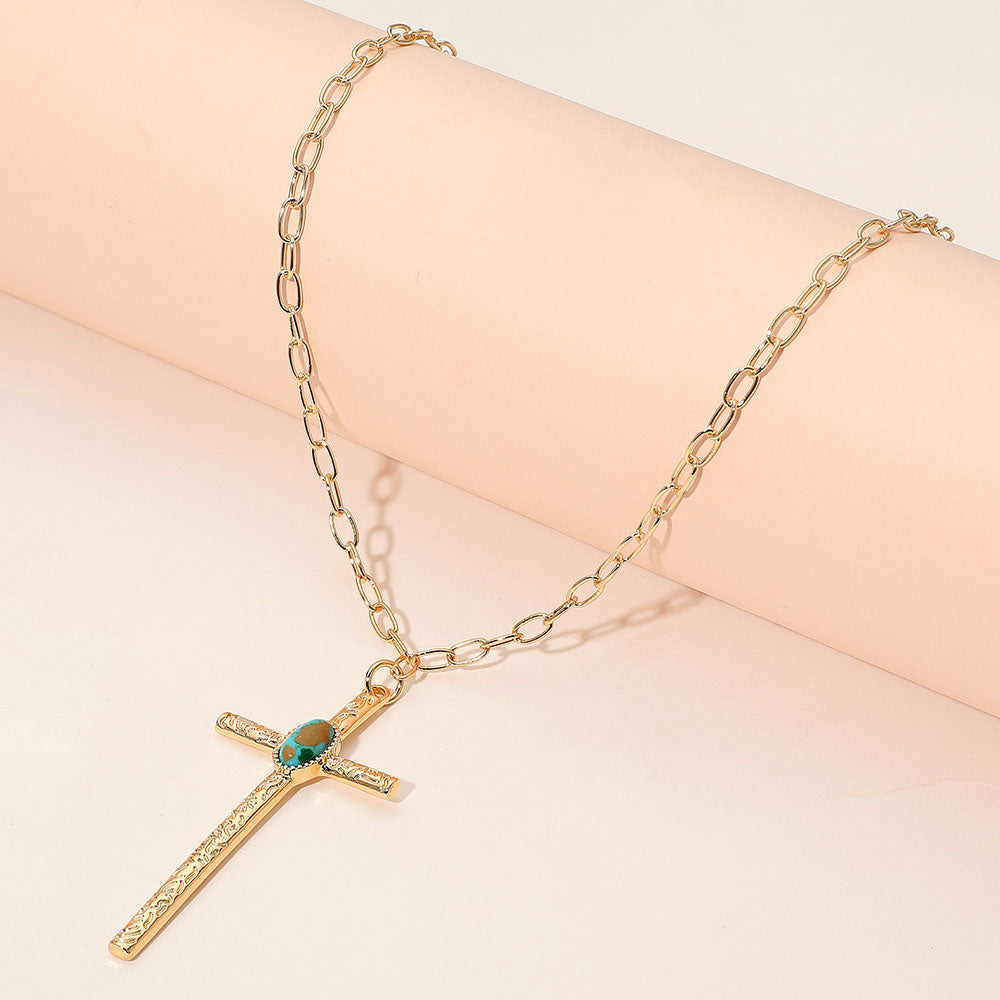 Madeline Love Gold Boho Oval Stone Accent Cross Pendant Necklace - Jewelry