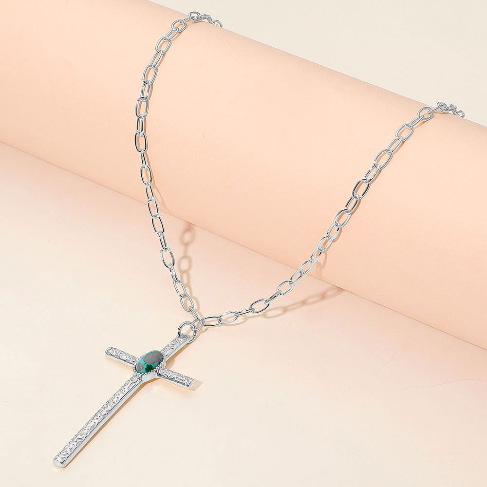 Madeline Love Rhodium Boho Oval Stone Accent Cross Pendant Necklace - Jewelry