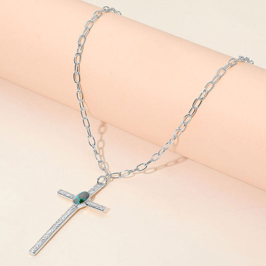 Madeline Love Rhodium Boho Oval Stone Accent Cross Pendant Necklace - Jewelry