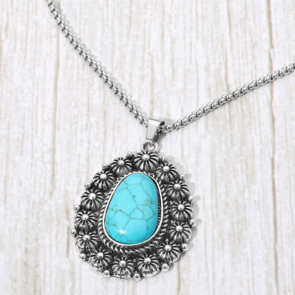 Madeline Love Antique Silver, Turquoise Vintage Floral Trim Oval Stone Pendant Necklace - Jewelry