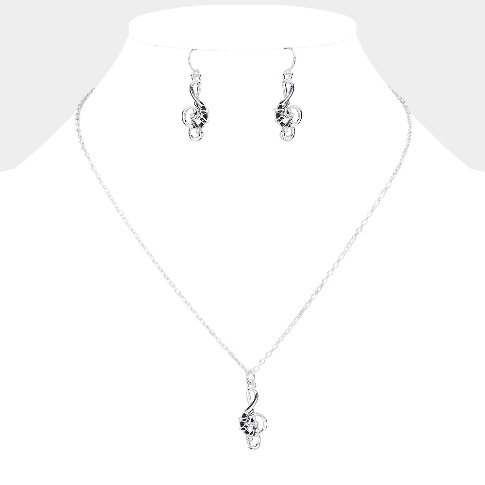 Madeline Love Antique Silver Rhinestone Embellished Metal Treble Clef Pendant Necklace - Necklaces