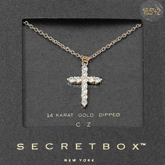 Madeline Love Gold SECRET BOX_14K Gold Dipped CZ Cross Pendant Necklace - Jewelry