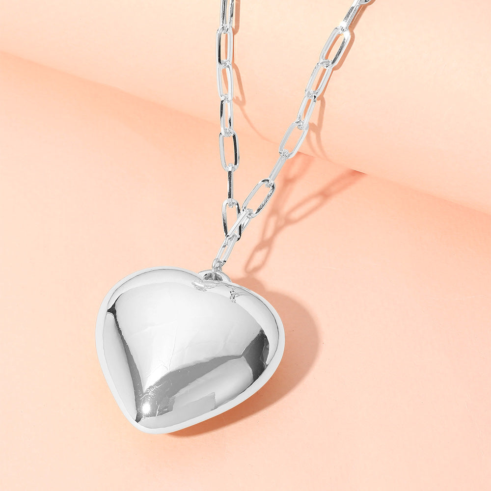 Madeline Love Silver Metal Puffy Heart Pendant Paperclip Chain Necklace - Necklaces