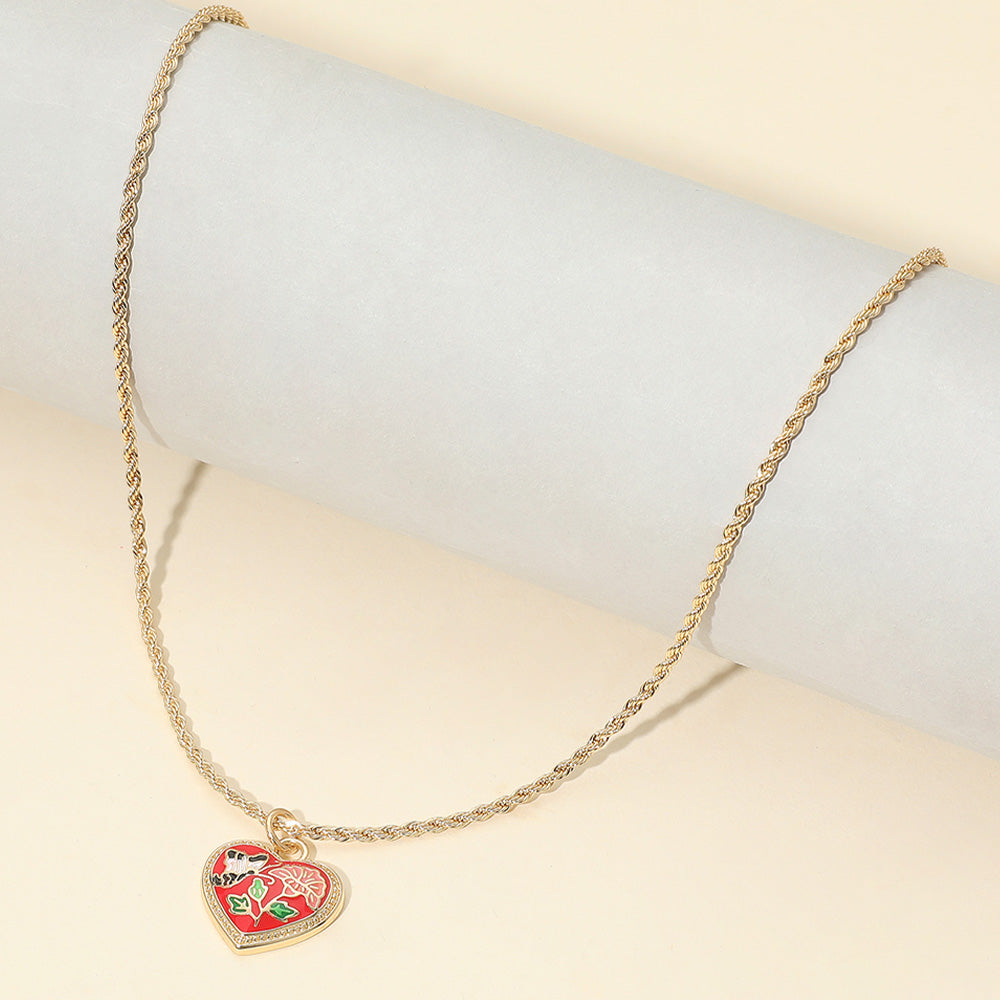 Madeline Love Burgundy, Gold Butterfly Flower Enamel Detailed Heart Pendant Necklace - Jewelry