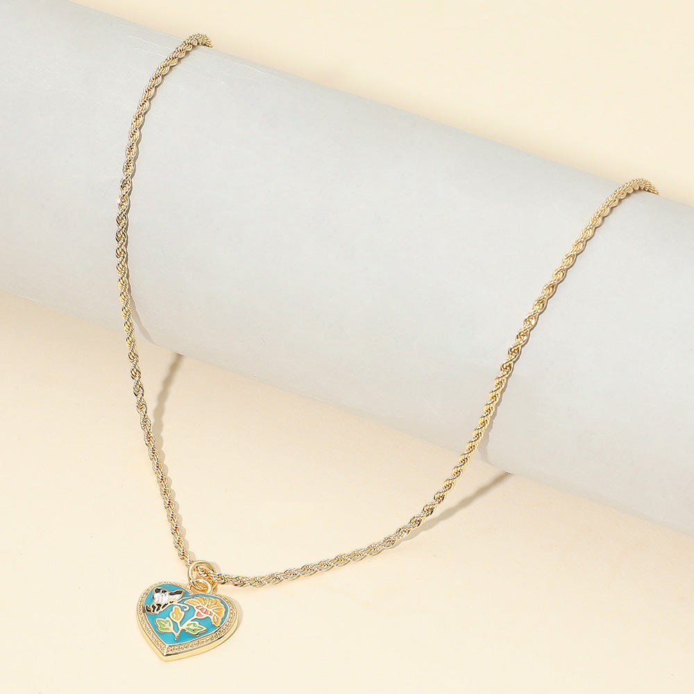 Madeline Love Gold, Turquoise Butterfly Flower Enamel Detailed Heart Pendant Necklace - Jewelry