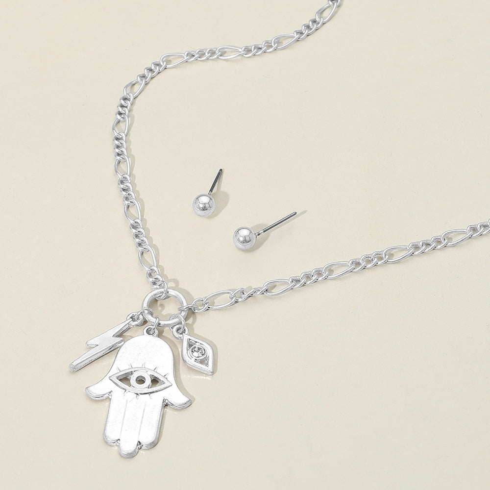 Madeline Love Worn Silver Metal Hamsa Hand Lightning Evil Eye Pendant Necklace - Necklaces