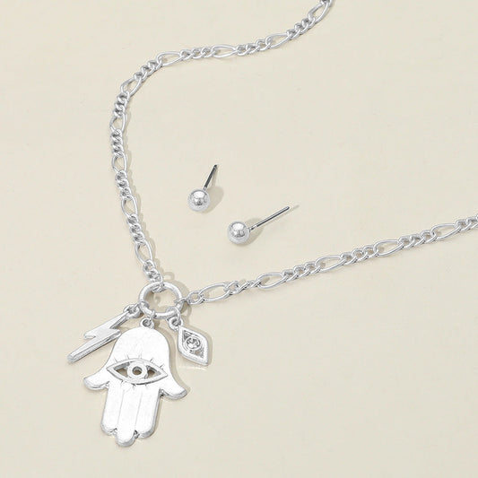 Madeline Love Worn Silver Metal Hamsa Hand Lightning Evil Eye Pendant Necklace - Necklaces