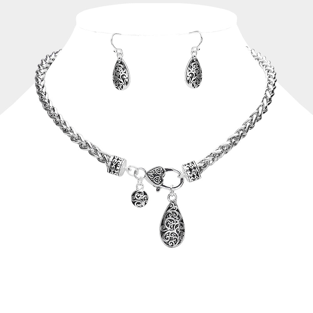Madeline Love Antique Silver Embossed Antique Metal Textured Teardrop Pendant Necklace - Necklaces