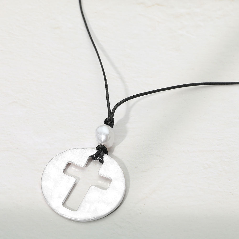 Madeline Love Worn Silver Hammered Brushed Metal Open Cross Medallion Pendant Cord Necklace - Jewelry
